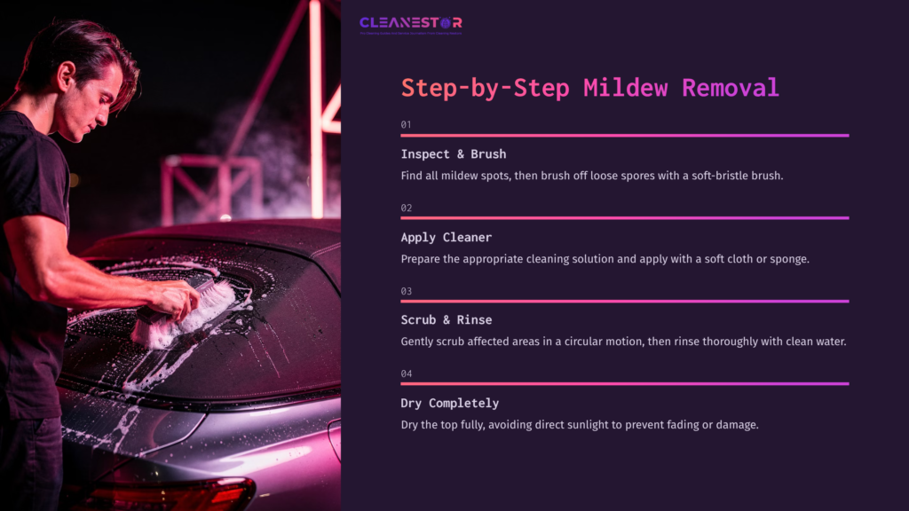 A Person Scrubbing A Convertible Top With A Soft Brush, Surrounded By A Purple And Pink Gradient Background, Detailing Mildew Removal Steps.