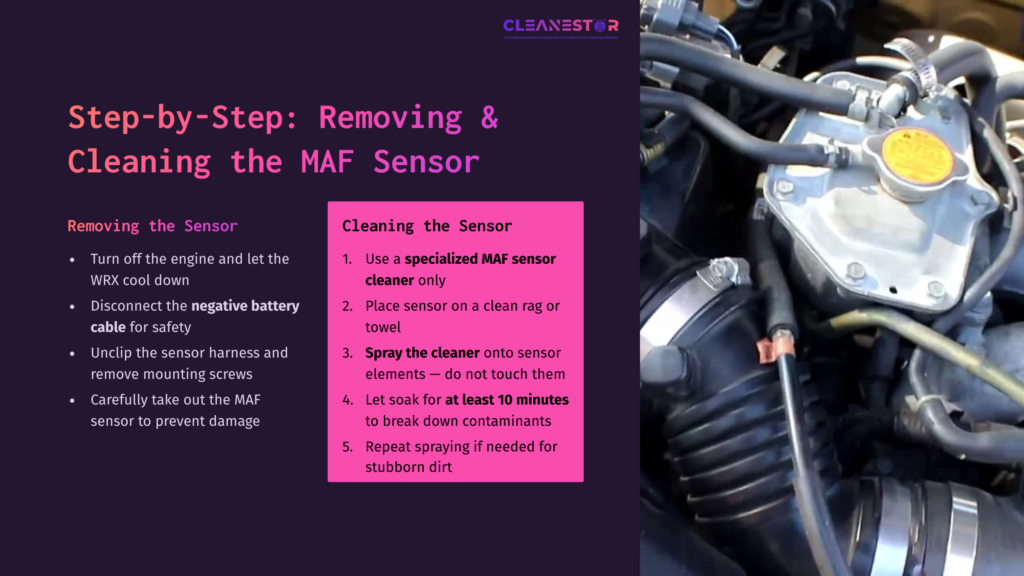 Close-Up Of A Car Engine Showing The Maf Sensor, With Instructions In Pink Text On The Left For Cleaning The Sensor And Its Components.