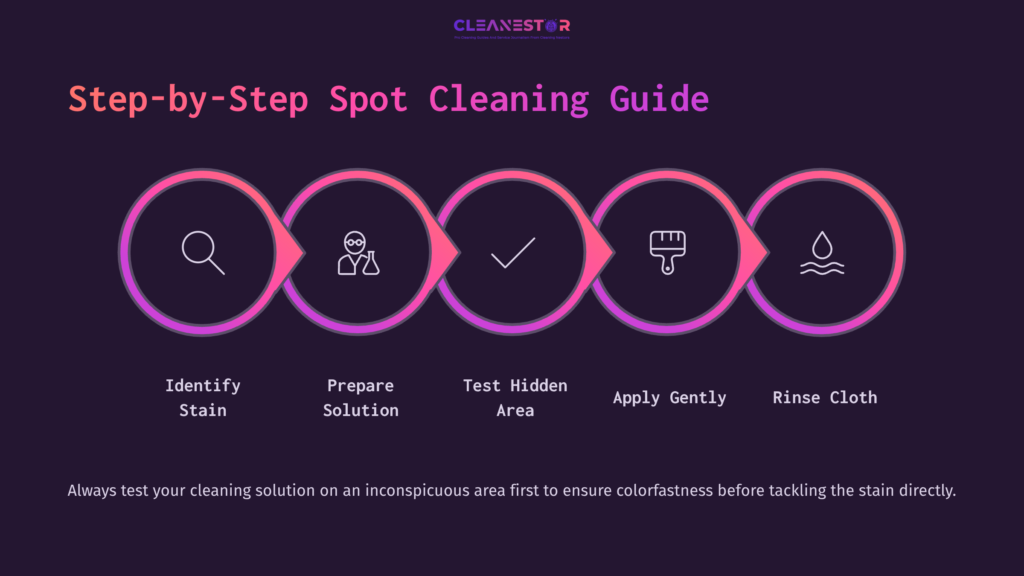 Step-By-Step Guide For Spot Cleaning: Identify Stain, Prepare Solution, Test Area, Apply Gently, And Rinse Cloth; Pink And Purple Accents.
