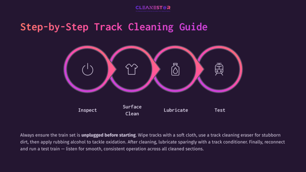 5 Step By Step Track Cleaning Guide Step-By-Step Track Cleaning Guide With Icons For Inspection, Cleaning, Lubrication, And Testing, Set On A Dark Purple Background.