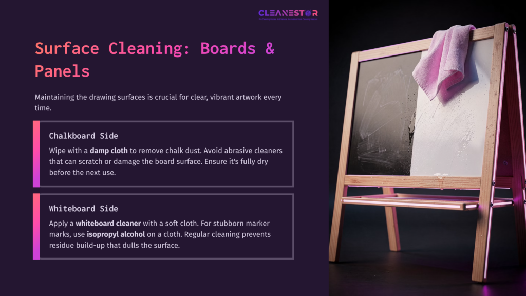 A Wooden Drawing Easel With A Chalkboard On One Side And A Whiteboard On The Other, Set Against A Dark Purple Background.