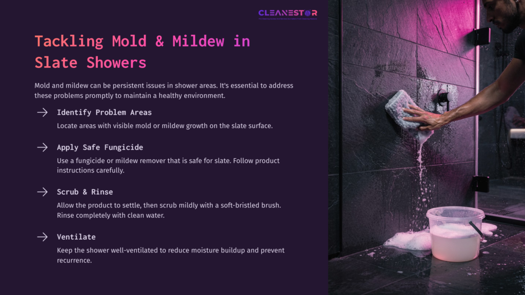 5 Tackling Mold And Mildew In Slate Showers A Person Scrubs Slate Tiles In A Shower With A Brush, Surrounded By Cleaning Supplies; Dark Walls Contrast With Bright Bubbles.