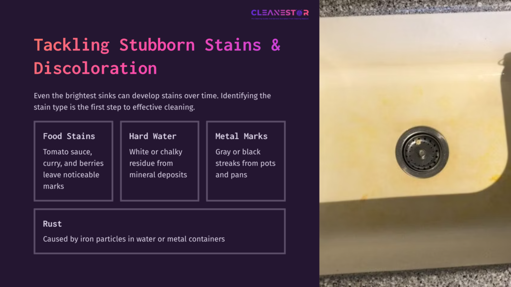 Acrylic Sink With Visible Stains, Including Yellow Food Stains And Gray Metal Marks, Alongside Text On Cleaning Techniques And Tips.