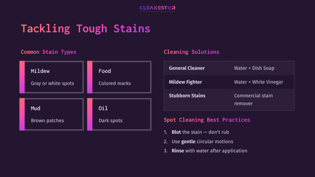 Table Displaying Common Stain Types And Cleaning Solutions, With A Dark Background And Purple Accents, Including Cleaning Tips.