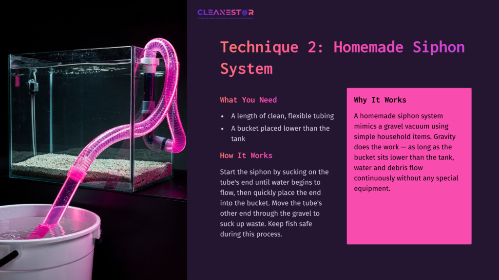 A Clear Fish Tank With A Pink Siphon Tube Reaching From Its Bottom To A Lower Bucket, Alongside Text Detailing Homemade Siphon System Steps.