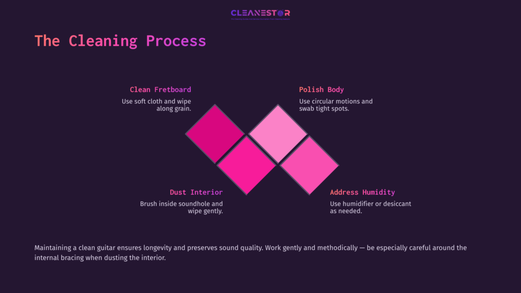 Diagram Titled &Quot;The Cleaning Process&Quot; Featuring Pink And Purple Diamonds, Outlining Steps For Cleaning A Guitar'S Interior And Exterior.