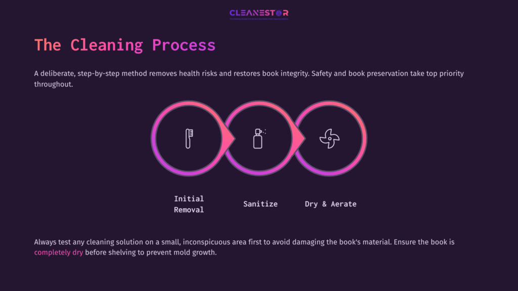 5 The Cleaning Process 3 Three Circular Icons In A Purple Layout: &Quot;Initial Removal&Quot; Features A Cleaning Tool, &Quot;Sanitize&Quot; Shows A Spray Bottle, And &Quot;Dry &Amp; Aerate&Quot; Includes A Fan. Text Emphasizes Safety In Book Cleaning.