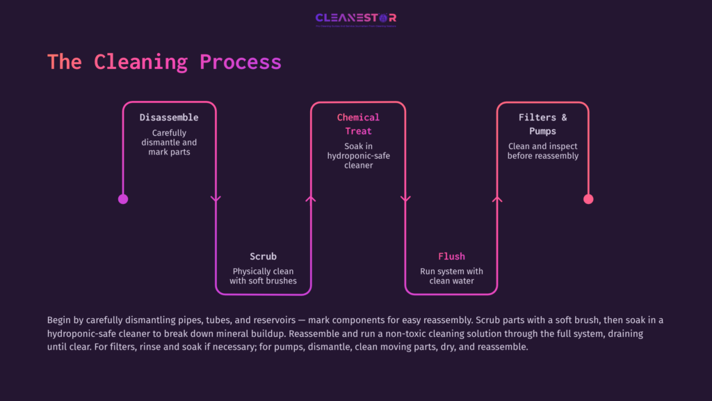 Flowchart Illustrating The Hydroponic System Cleaning Process: Disassemble, Chemical Treatment, Scrubbing, Flushing, And Reassembly.