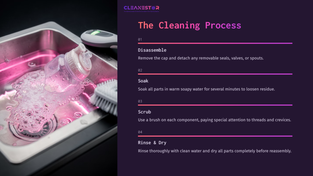 A Pink-Toned Sink With A Gatorade Squeeze Bottle Top Submerged In Soapy Water, Alongside Cleaning Instructions On The Right.