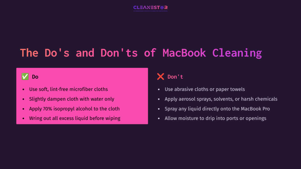 Text On A Dark Background Outlines &Quot;Do'S And Don'Ts Of Macbook Cleaning&Quot; With Key Tips Highlighted In Pink.