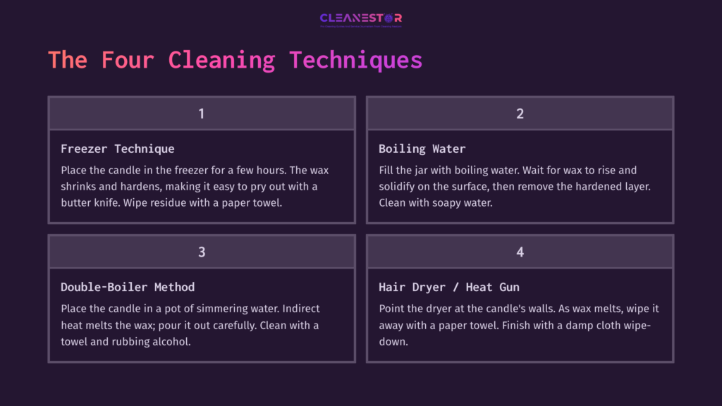 Four Cleaning Techniques For Candle Removal Are Listed With Numbered Steps. The Background Is Dark Purple, And Text Is White, With A Clear Layout.