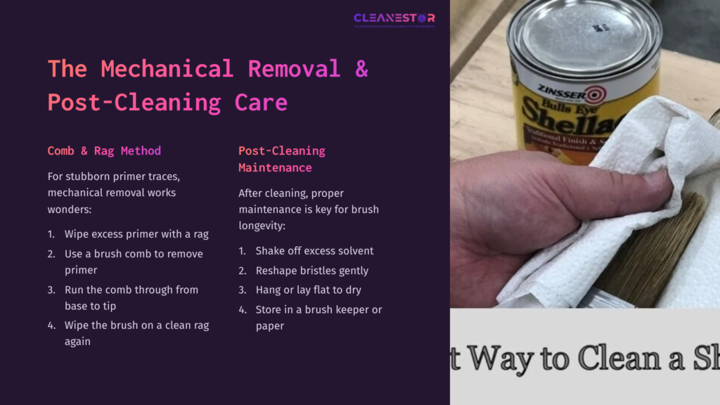 A Person Holding A White Cloth And A Paintbrush, With A Can Of Zinsser Bin And Cleaning Instructions On A Dark Background.