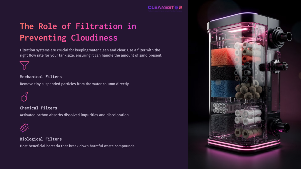 Aquarium Filtration System Showcasing Colorful Filter Media, Including Sponges And Activated Carbon, With A Sleek, Illuminated Design.