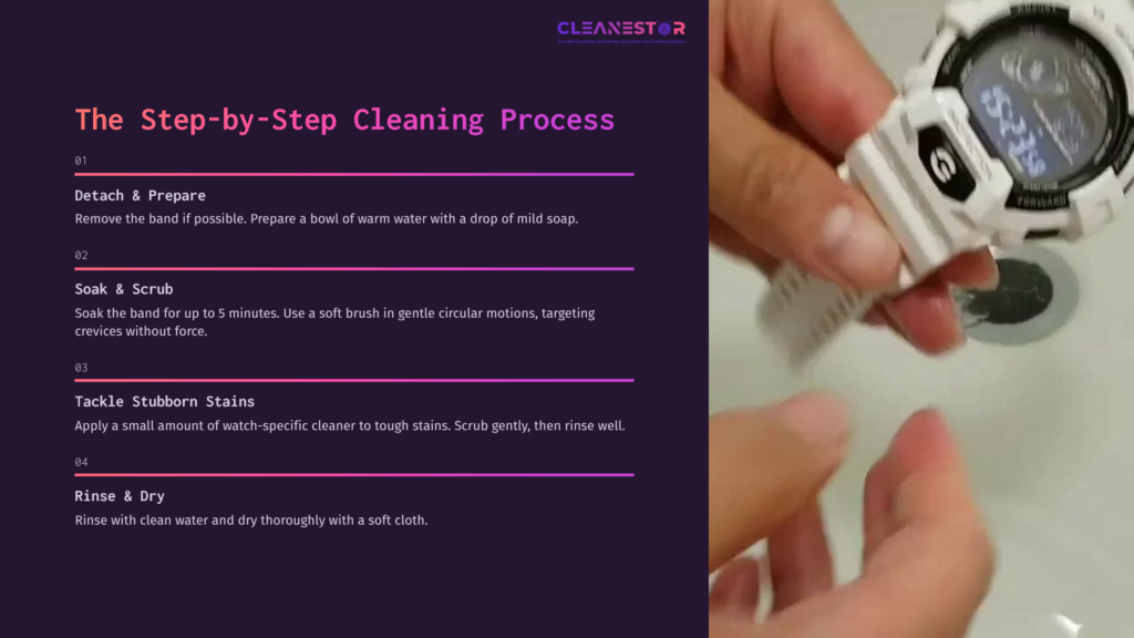 5 The Step By Step Cleaning Process Hands Holding A G Shock Watch Band While Cleaning It With A Soft Brush, Alongside Step-By-Step Cleaning Instructions.