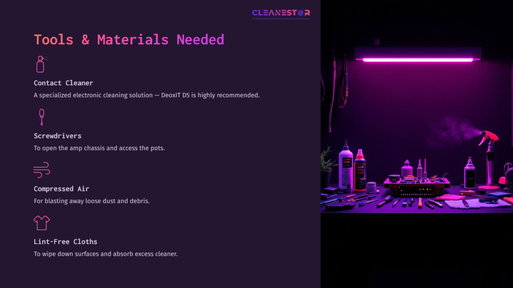Tools And Materials For Cleaning Amp Pots, Featuring A Well-Organized Workspace With Pink Lighting, Includes Cleaners, Cloths, And Screwdrivers.