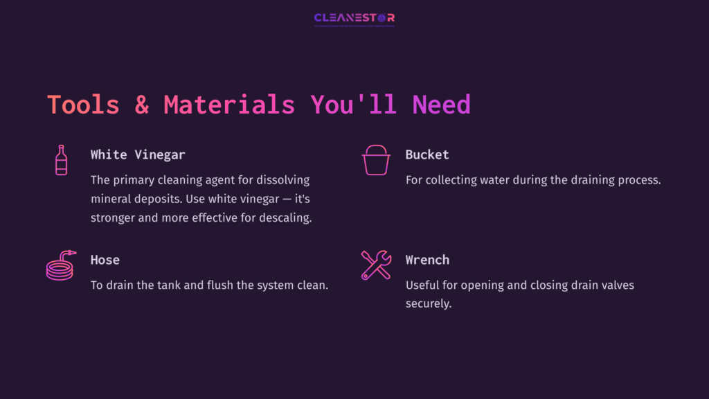 List Of Tools And Materials For Cleaning An Rv Hot Water Heater, Including White Vinegar, A Bucket, A Hose, And A Wrench, On A Dark Background.