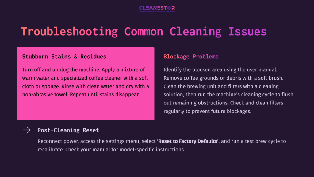 Bright Pink And Purple Text On A Dark Background Details Troubleshooting Tips For Cleaning A Schaerer Coffee Machine, Focusing On Stains And Blockages.
