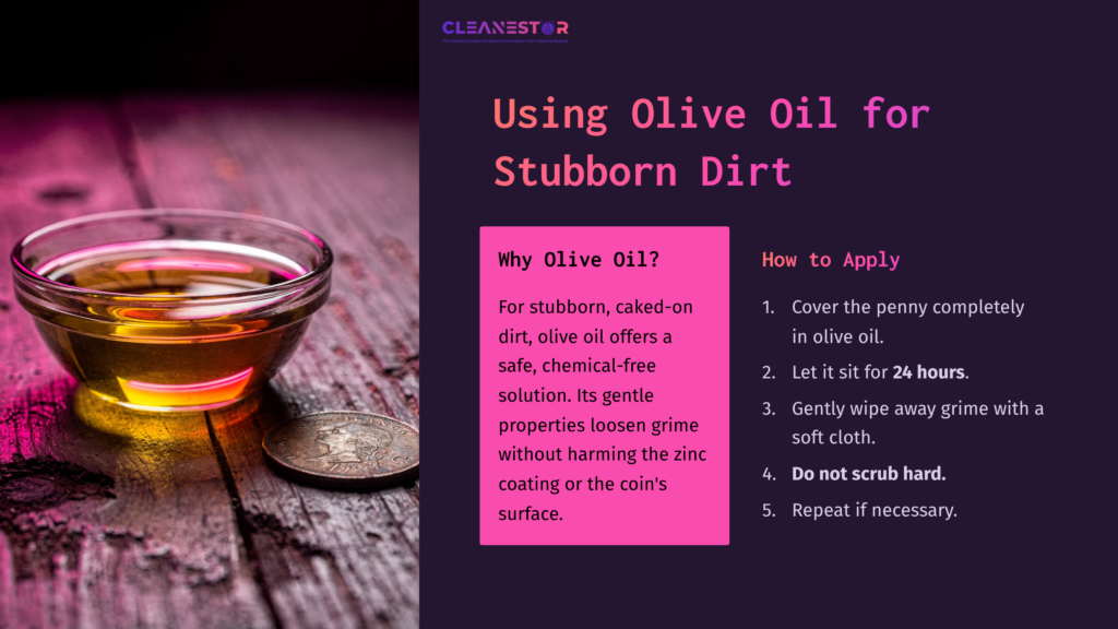 A Small Glass Bowl Of Olive Oil Sits Beside A Steel Penny On A Dark Textured Background, With Instructional Text On Cleaning.