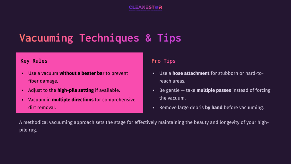 Bright Pink And Dark Purple Graphic Detailing Vacuuming Techniques For High-Pile Rugs, Featuring Key Rules And Pro Tips In Bold Text.
