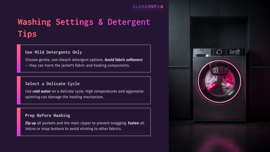 5 Washing Settings And Detergent Tips Instructional Graphic Featuring Laundry Tips For Cleaning A Milwaukee Heated Jacket, With A Washing Machine Illustration And Bold Purple Text.