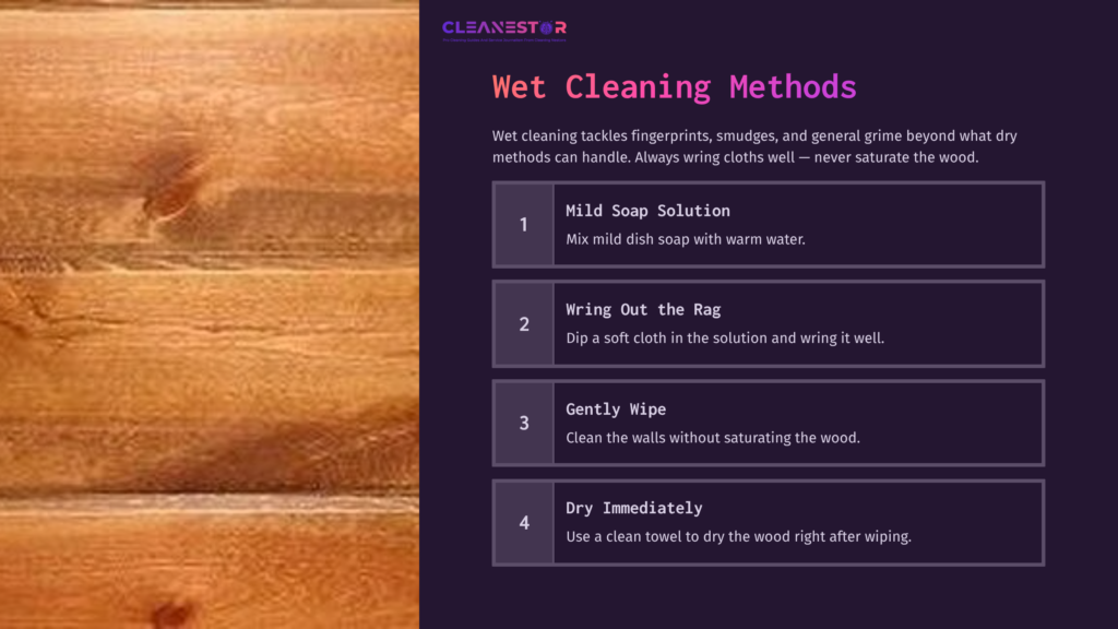 Wooden Paneling With Clean, Polished Surfaces; Text Outlines Wet Cleaning Methods, Numbered Steps Highlighted In White Against A Dark Background.