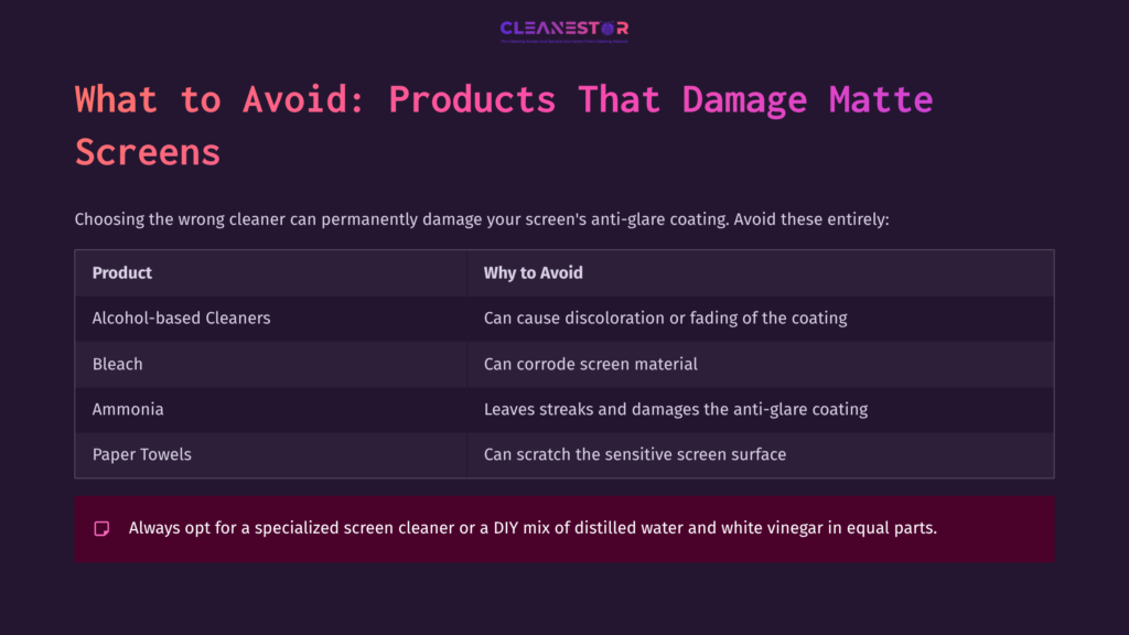 Table Outlining Products To Avoid For Cleaning Matte Screens, Featuring A Dark Background, White Text, And A Clear Layout.
