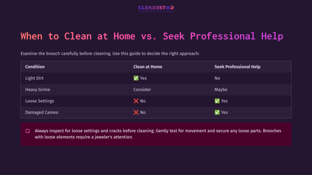 Comparison Chart Outlining When To Clean A Cameo Brooch At Home Versus Seeking Professional Help, With Checkmarks And Color-Coded Sections.