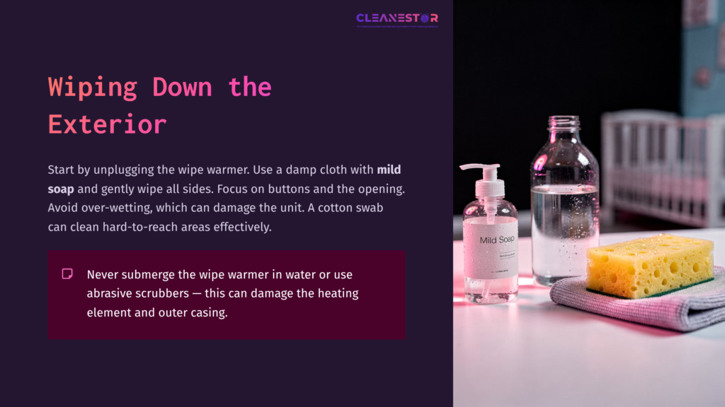 A Wipe Warmer On A Pink Surface, With A Damp Cloth, A Bottle Of Mild Soap, A Cotton Swab, And A Yellow Sponge Nearby.