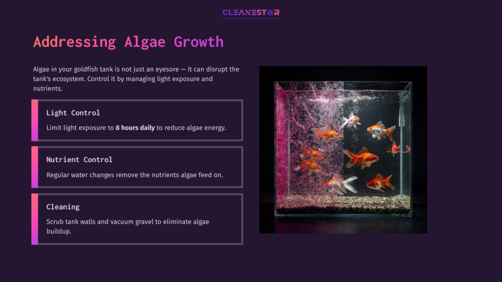 Goldfish Swim In A Clear Tank, Surrounded By Pink Bubbles. Text Boxes Highlight Tips For Controlling Algae Growth: Light, Nutrients, Cleaning.