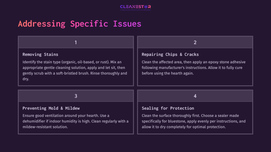 Instructional Guide With Four Sections On Cleaning A Bluestone Hearth, Including Steps For Addressing Stains, Repairs, Mold, And Sealing.