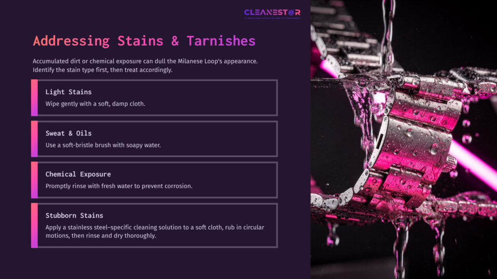 Milanese Loop Cleaning Guide With Bullet Points On Stain Types, Featuring A Vibrant Pink Background And A Close-Up Of The Loop.