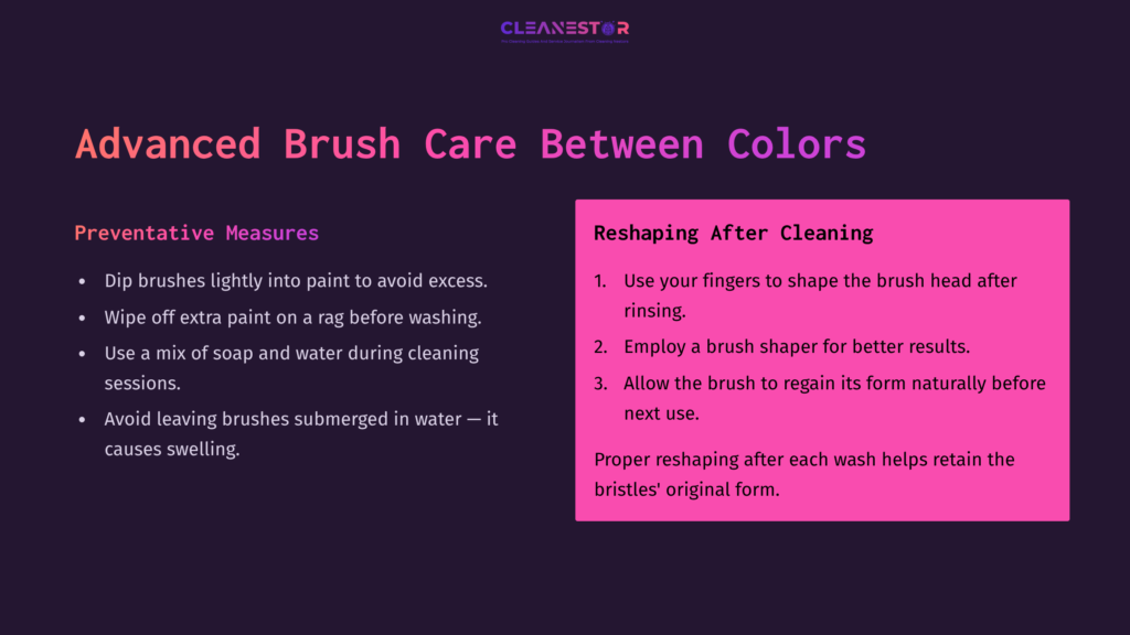 Instructions On Cleaning Acrylic Paint Brushes, Featuring A Purple Background With White Text And Numbered Steps For Maintenance.