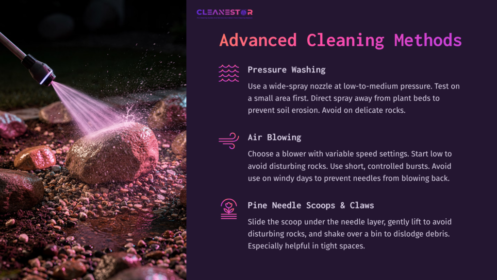 6 Advanced Cleaning Methods A Spray Nozzle Directs Water Onto Rocks To Remove Pine Needles, With A Purple And Pink Gradient Background Enhancing Visibility.