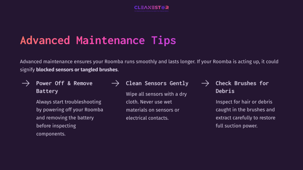 Text On A Dark Background With Purple Accents Outlines Maintenance Tips For The Roomba 600 Series, Including Battery Care And Debris Checks.