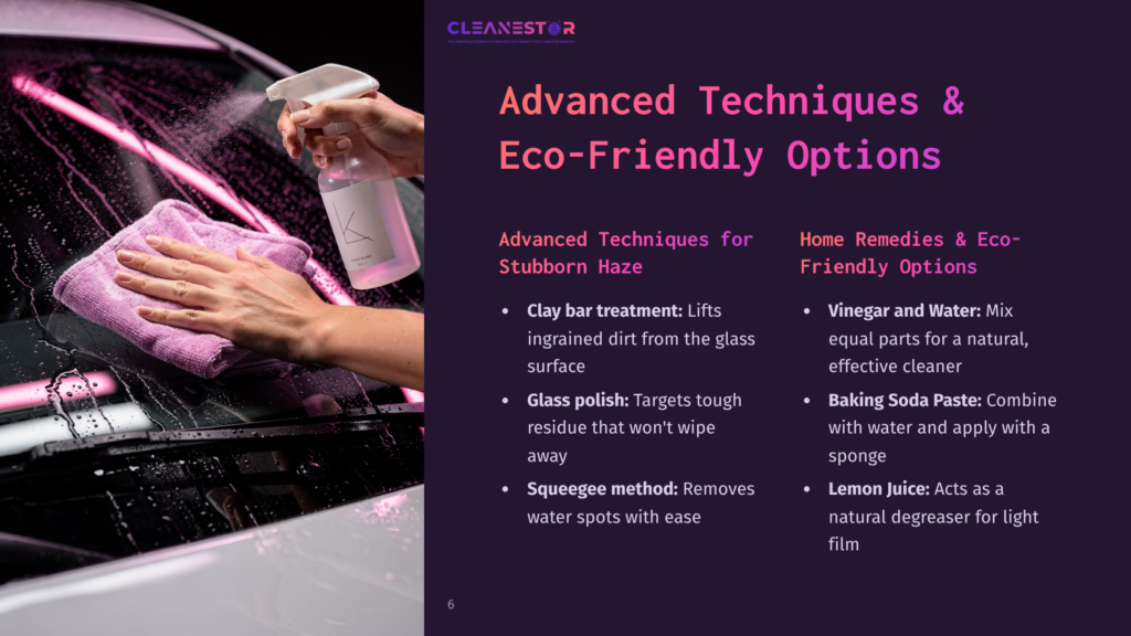 A Person Using A Spray Bottle And Microfiber Cloth To Clean A Car Windshield, With A Purple Background Listing Cleaning Techniques.