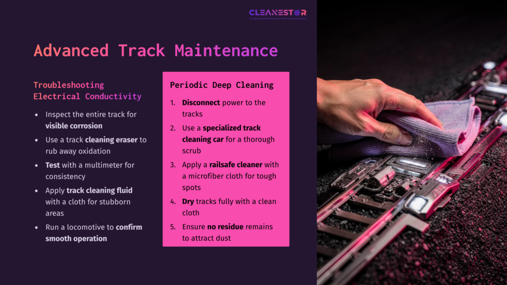 6 Advanced Track Maintenance Graphic Featuring Maintenance Tips For Lionel Train Tracks, With A Gloved Hand Using A Cloth On Tracks, And A Dark Purple Background.
