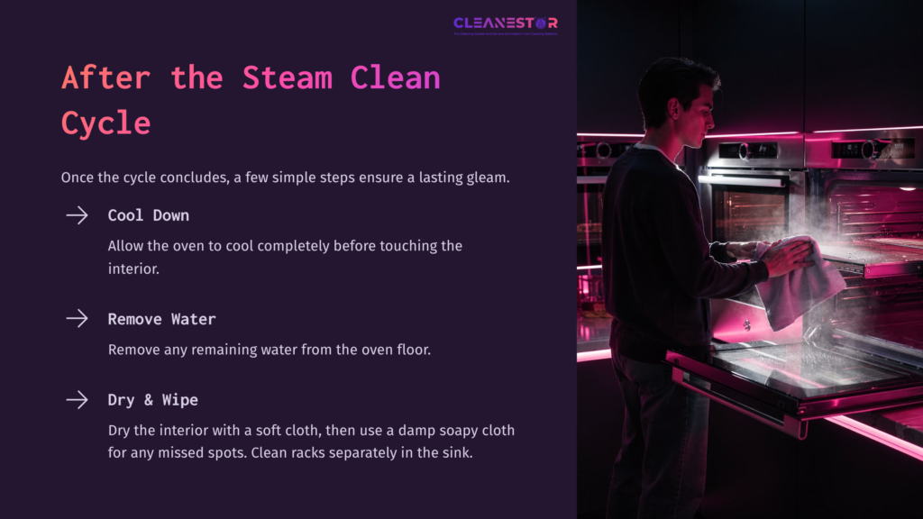 A Person Wipes A Steam-Cleaned Oven Interior With A Cloth, Against A Backdrop Of Neon Lighting And Modern Kitchen Appliances.