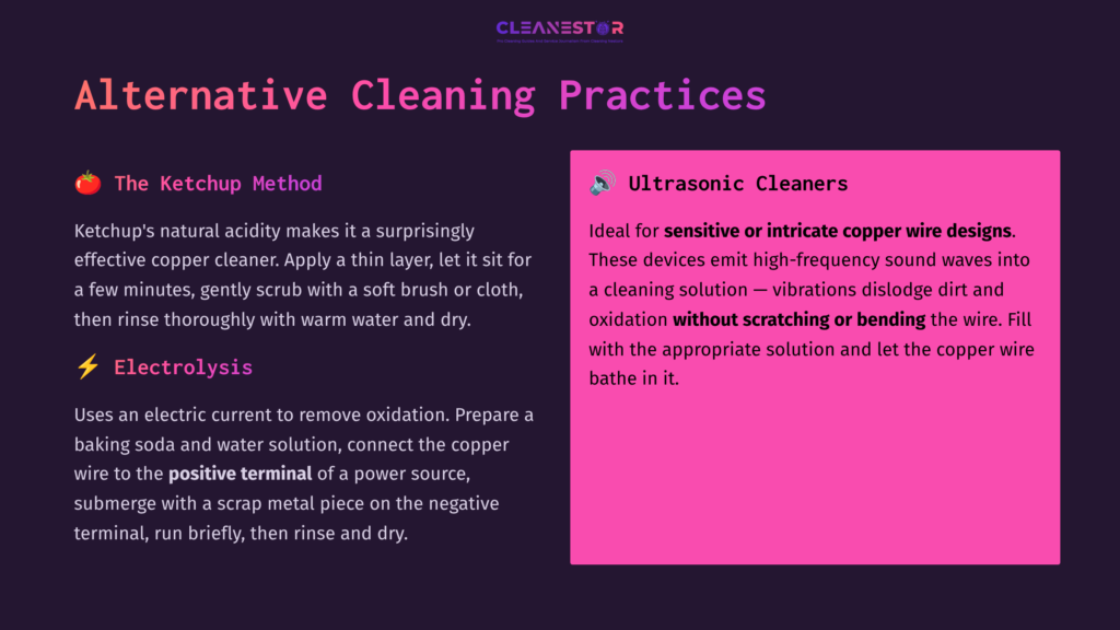 Text On A Gradient Background Discusses Alternative Cleaning Methods For Oxidized Copper Wire, Including The Ketchup Method And Electrolysis.