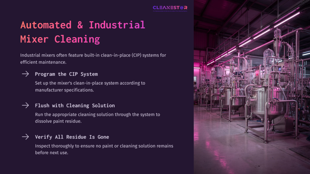 6 Automated And Industrial Mixer Cleaning Industrial Setting With Pink Lighting, Showcasing A Paint Mixer Cleaning System; Includes Text On Automated Cleaning Steps.