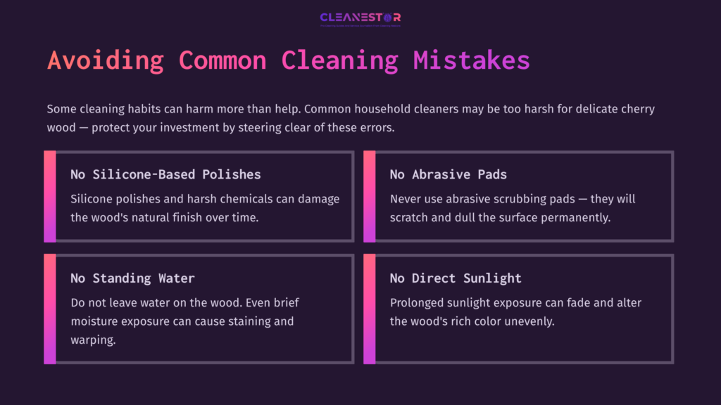 Four Quadrants Display Cleaning Tips: No Base Polishes, No Abrasive Pads, No Standing Water, And No Direct Sunlight, With Purple And Pink Accents.