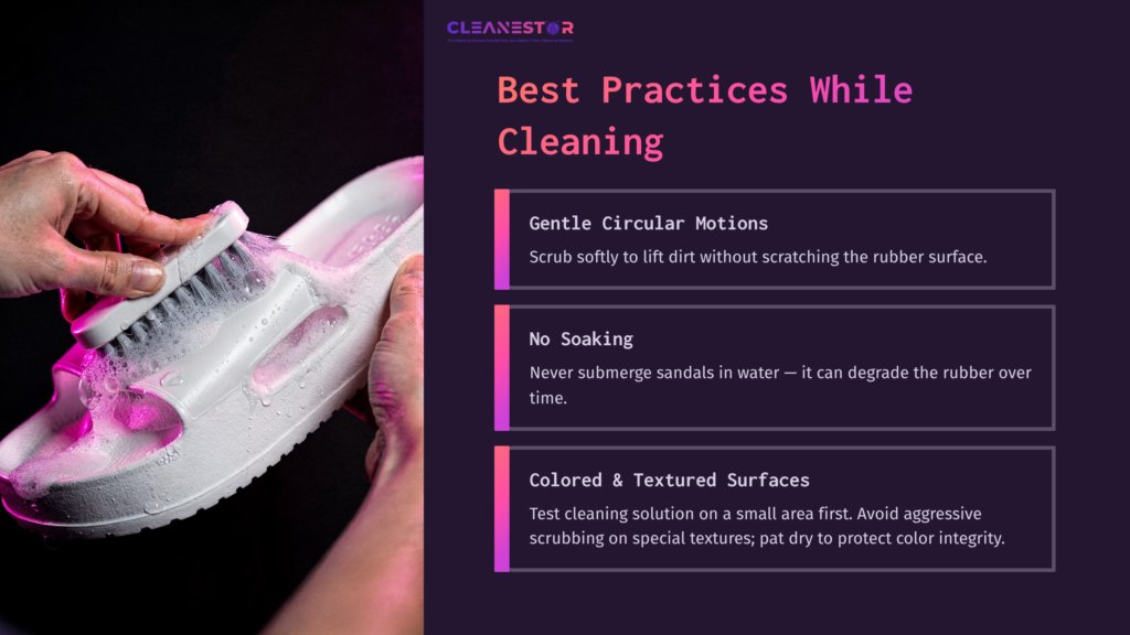 A Close-Up Of A Person Cleaning A White Rubber Sandal With A Brush, Accompanied By Text About Best Cleaning Practices.