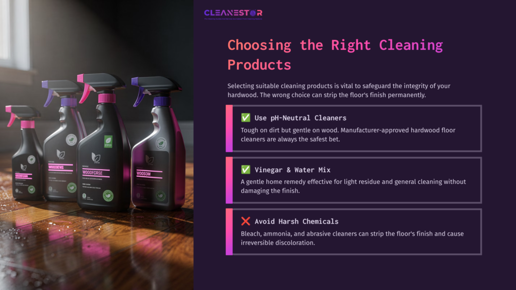 Three Cleaning Product Bottles With Purple Accents Are Displayed On A Dark Background. Key Cleaning Tips Are Highlighted To The Side.