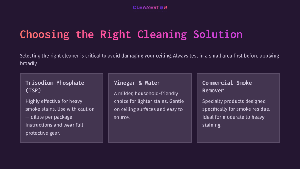Text Layout With A Purple Background Highlights Three Cleaning Solutions: Trisodium Phosphate, Vinegar &Amp; Water, And Commercial Smoke Remover.