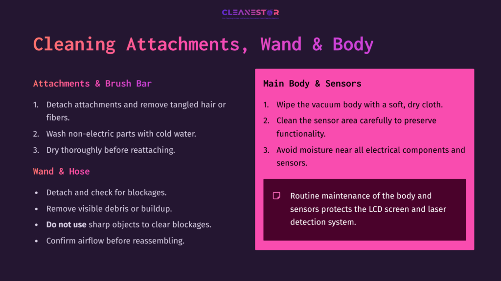 Instructions On Maintaining A Vacuum'S Attachments And Sensors, Featuring Bold Headings, A Pink And Dark Background, And Checklist Items.