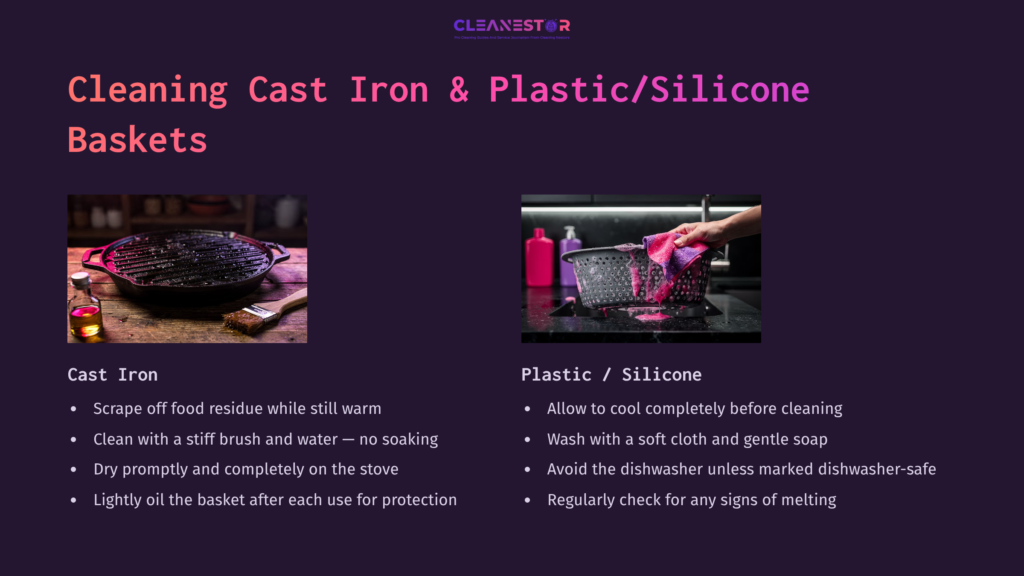 Illustration Comparing Cleaning Methods For Cast Iron And Plastic/Silicone Grill Baskets, With Steps Outlined In Pink And White Text.