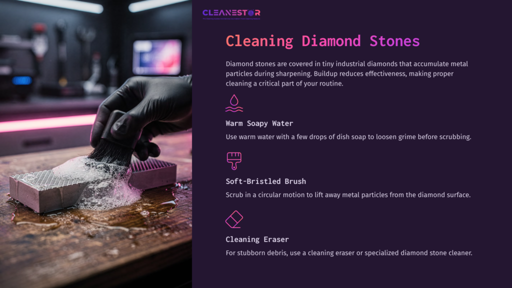 A Hand Scrubs A Diamond Sharpening Stone With Soapy Water And A Brush, Next To A Cleaning Eraser, On A Dark Background.