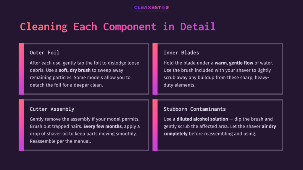 Instructions For Cleaning An Andis Foil Shaver, Detailing Outer Foil, Inner Blades, Cutter Assembly, And Stubborn Contaminants.