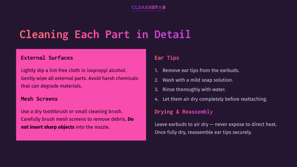 Instructions In A Colorful Layout For Cleaning Bose Earbuds, Featuring Text On Cleaning External Surfaces, Mesh Screens, And Ear Tips.