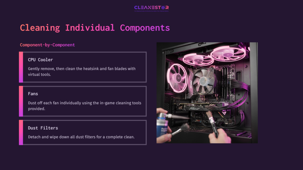 A Pc Case Highlighted With Illuminated Pink Fans, Showcasing Components Like A Cpu Cooler And Dust Filters Being Cleaned.