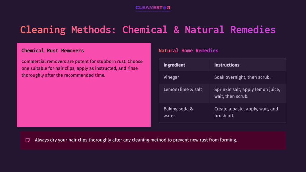 Cleaning Methods For Rusty Hair Clips, Featuring A Pink Header, Two Columns For Chemical And Natural Remedies, And Ingredient Instructions.